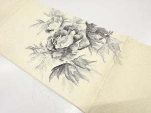 纐纈　手描き　牡丹模様　袋帯